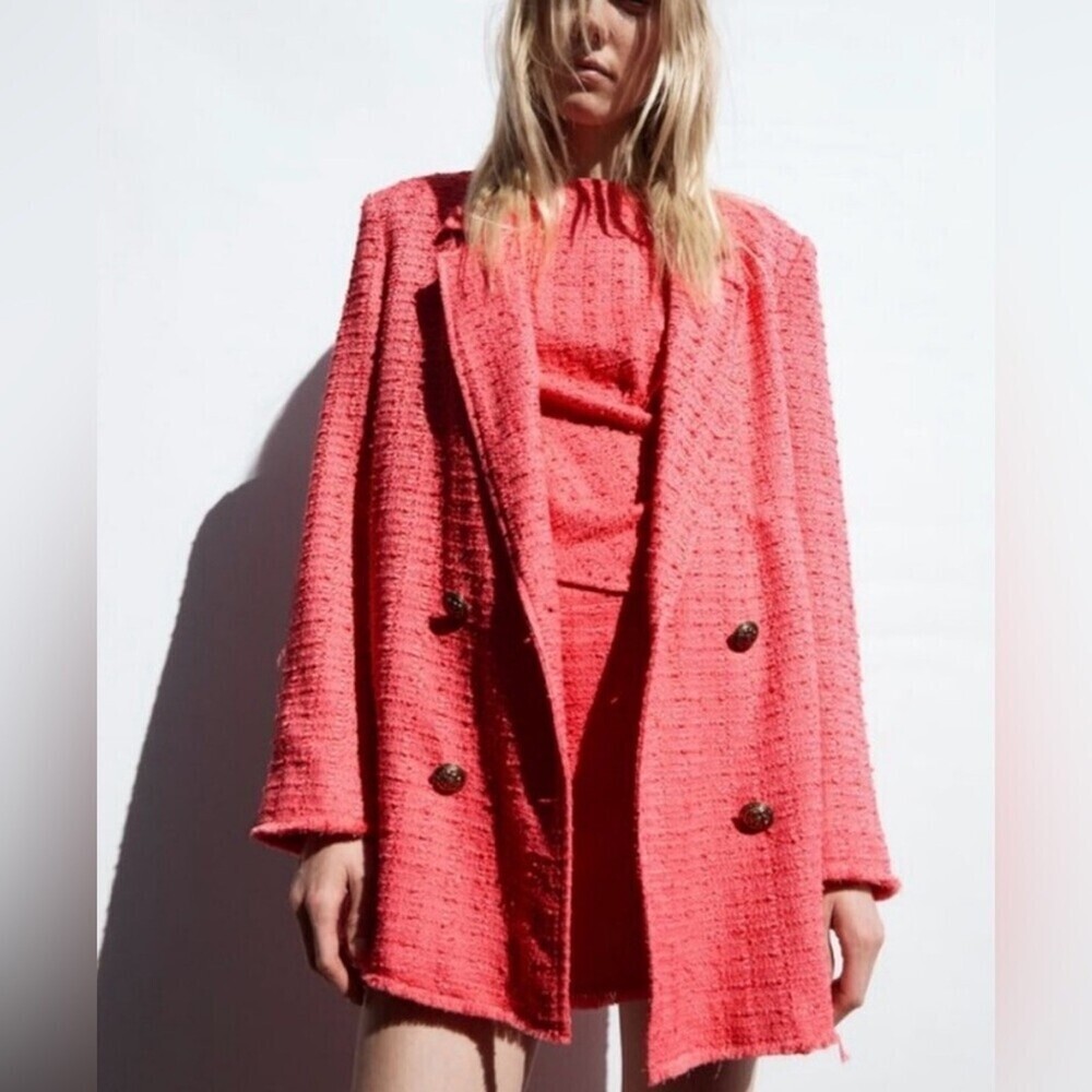 Zara Coral Salmon Pink Tweed Textured Lightweight Oversized Blazer M